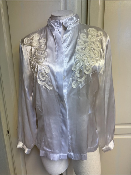 Karen Scott Tops - Karen Scott White Satin Embroidered High-Collar Blouse